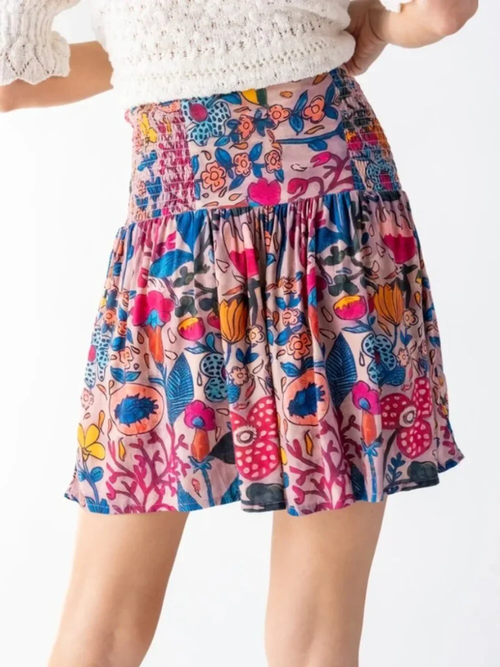 NWT NATURAL LIFE Womens Blue Multicolor Floral Mini Skirt Boho Smocked Back Size